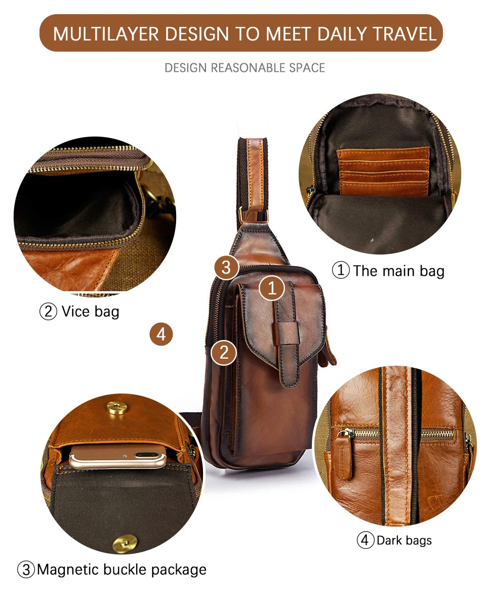 Hot Sell Men Genuine Bull Leather Vintage Coffee Triangle Chest Sling Bag Design Travel Daypack One Shoulder Crossbody Bag XB571