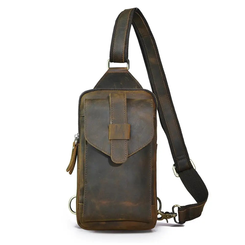 Hot Sell Men Genuine Bull Leather Vintage Coffee Triangle Chest Sling Bag Design Travel Daypack One Shoulder Crossbody Bag XB571