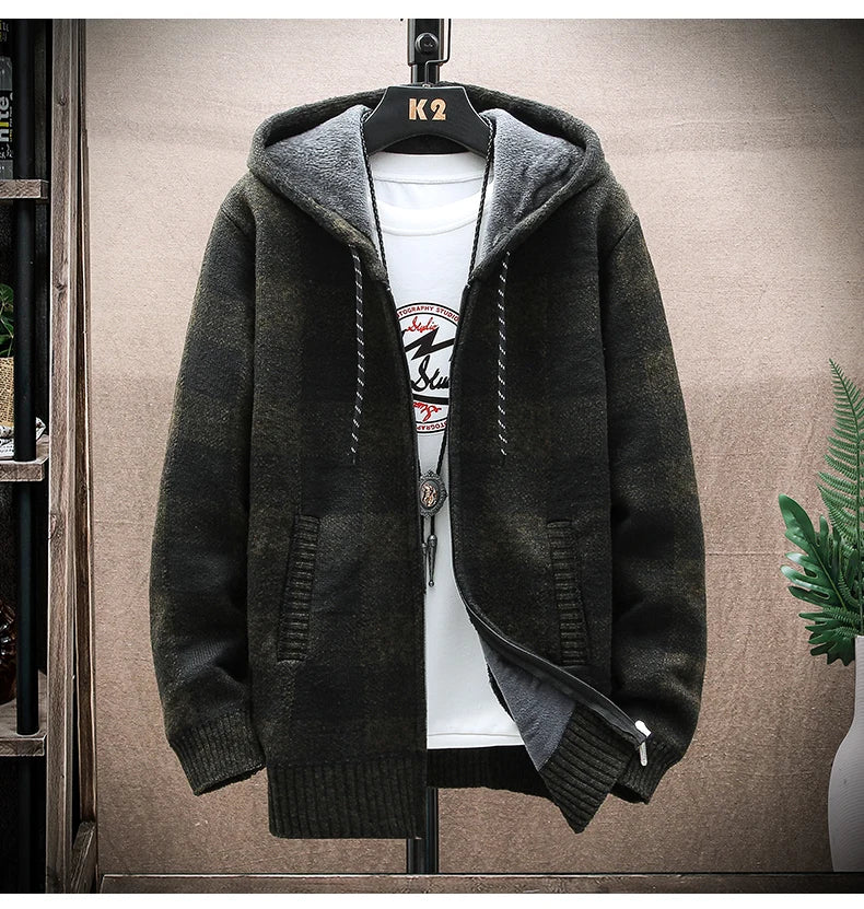 Men’s Winter Plaid Fleece-Lined Hooded Cardigan Jacket