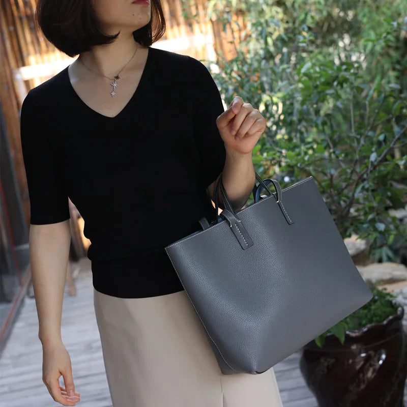 JAZZQ Reversible Genuine Leather Tote | First-Layer Cowhide