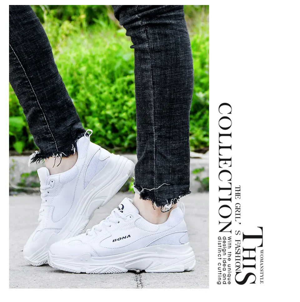 BONA Women's White Lace-Up Sneaker Flats | Casual Platform