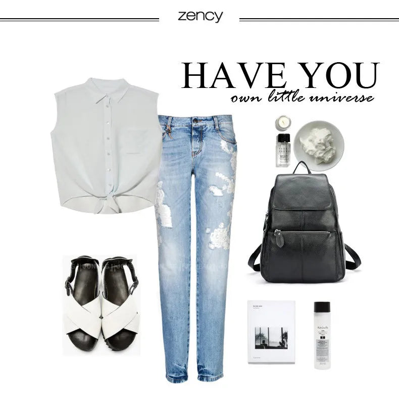 Zency Stylish White Black Genuine Leather Women Backpack A++ Quality Anti-theft Large Capacity Knapsack Travel Designer Rucksack