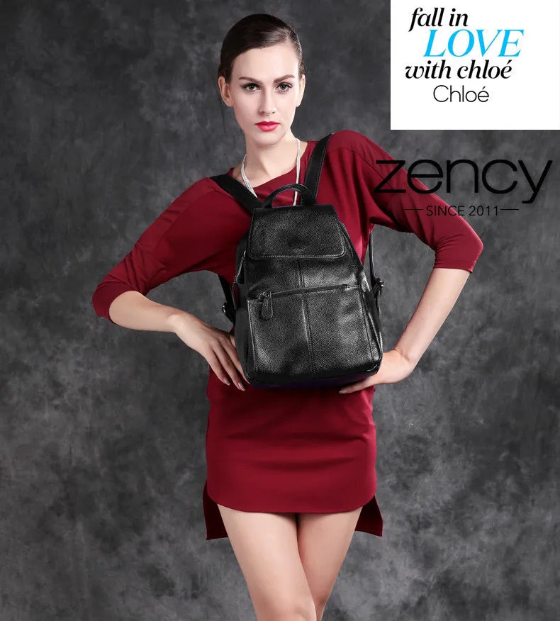 Zency Stylish White Black Genuine Leather Women Backpack A++ Quality Anti-theft Large Capacity Knapsack Travel Designer Rucksack