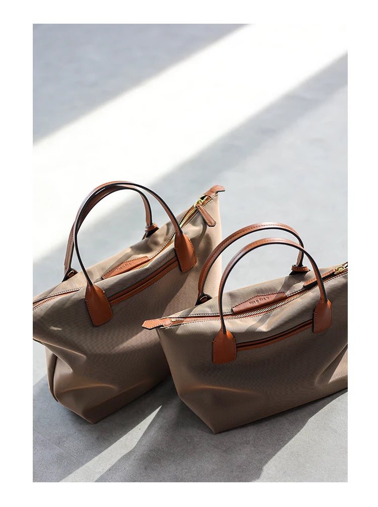 Zipper Tote Bags For Women Nylon With Real Leather Handbag High Quality Single Shoulder Bag