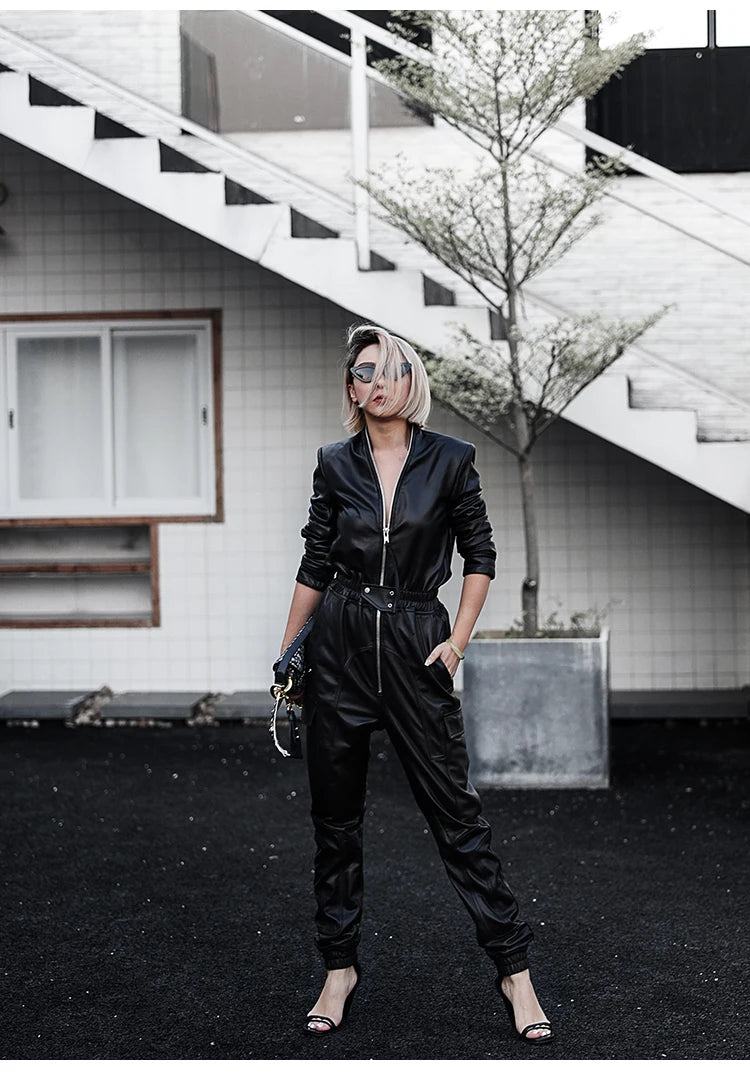 Black Faux Leather Cargo Jumpsuit - Luxury Long Sleeve Zip-Up Romper