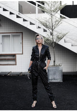 Black Faux Leather Cargo Jumpsuit - Luxury Long Sleeve Zip-Up Romper