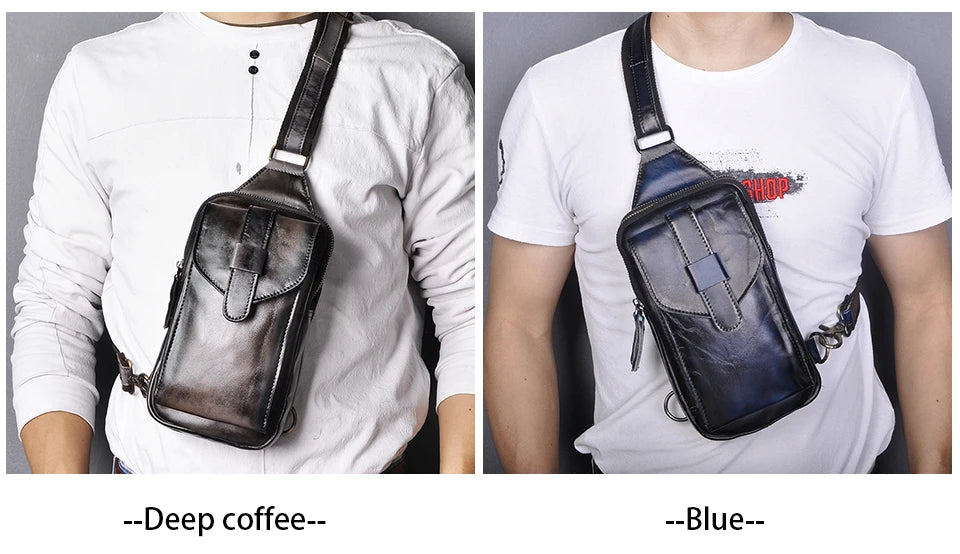 Hot Sell Men Genuine Bull Leather Vintage Coffee Triangle Chest Sling Bag Design Travel Daypack One Shoulder Crossbody Bag XB571