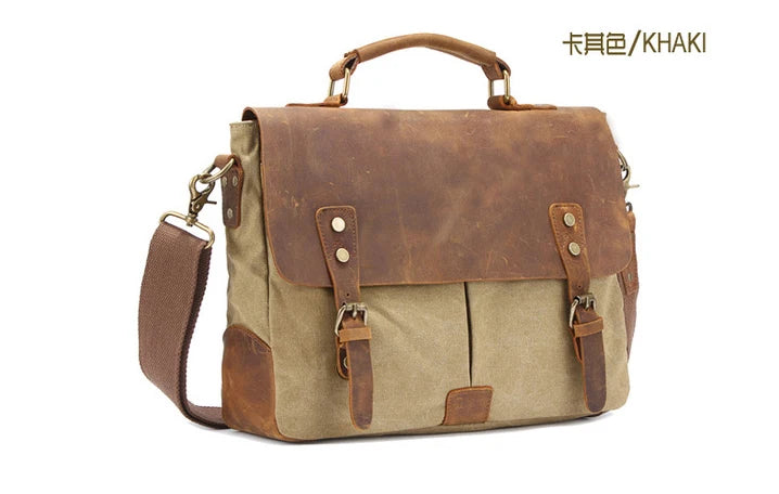 Vintage Leather + Canvas men briefcase Business bag Portfolio men office bag male canvas briefcase attache case document tote