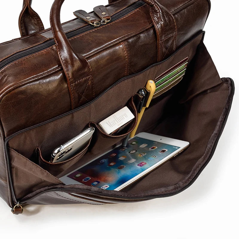 Men Briefcase Genuine Leather Laptop Bag 14 15.6" PC Doctor Lawyer Computer Bag Cowhide Male Briefcase Leather Men Business Bag