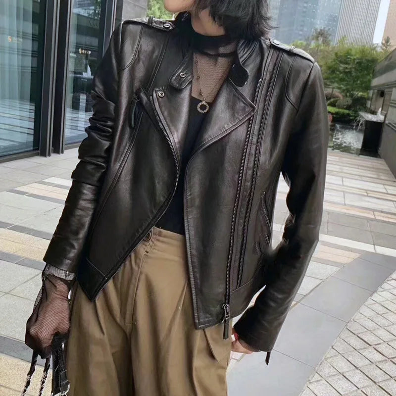 Women's Short Genuine Sheepskin Biker Jacket