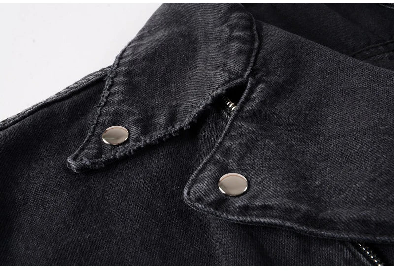 Men's Black Biker Slim Fit Denim Jacket with Belt - Streetwear Moto Style