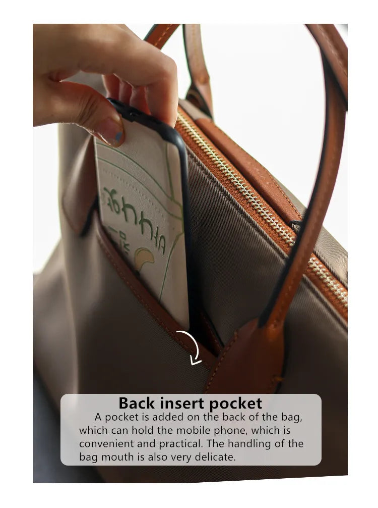 Zipper Tote Bags For Women Nylon With Real Leather Handbag High Quality Single Shoulder Bag
