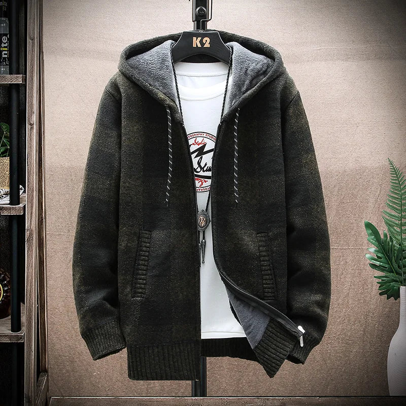 Men’s Winter Plaid Fleece-Lined Hooded Cardigan Jacket