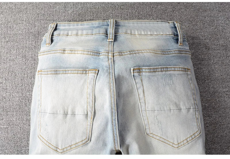 Men's Crystal Embellished Ripped Slim Jeans – Blue