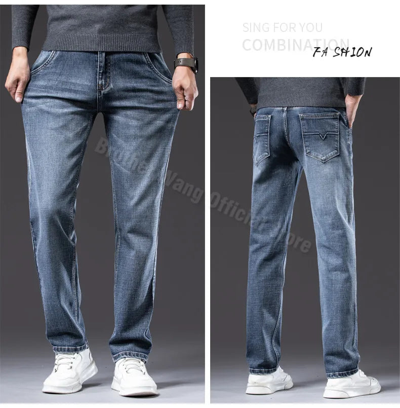 2025 Autumn New Men Regular Fit Stretch Jeans Classic Style Smoky Gray Fashion Casual Denim Pants Male Brand Trousers Blue