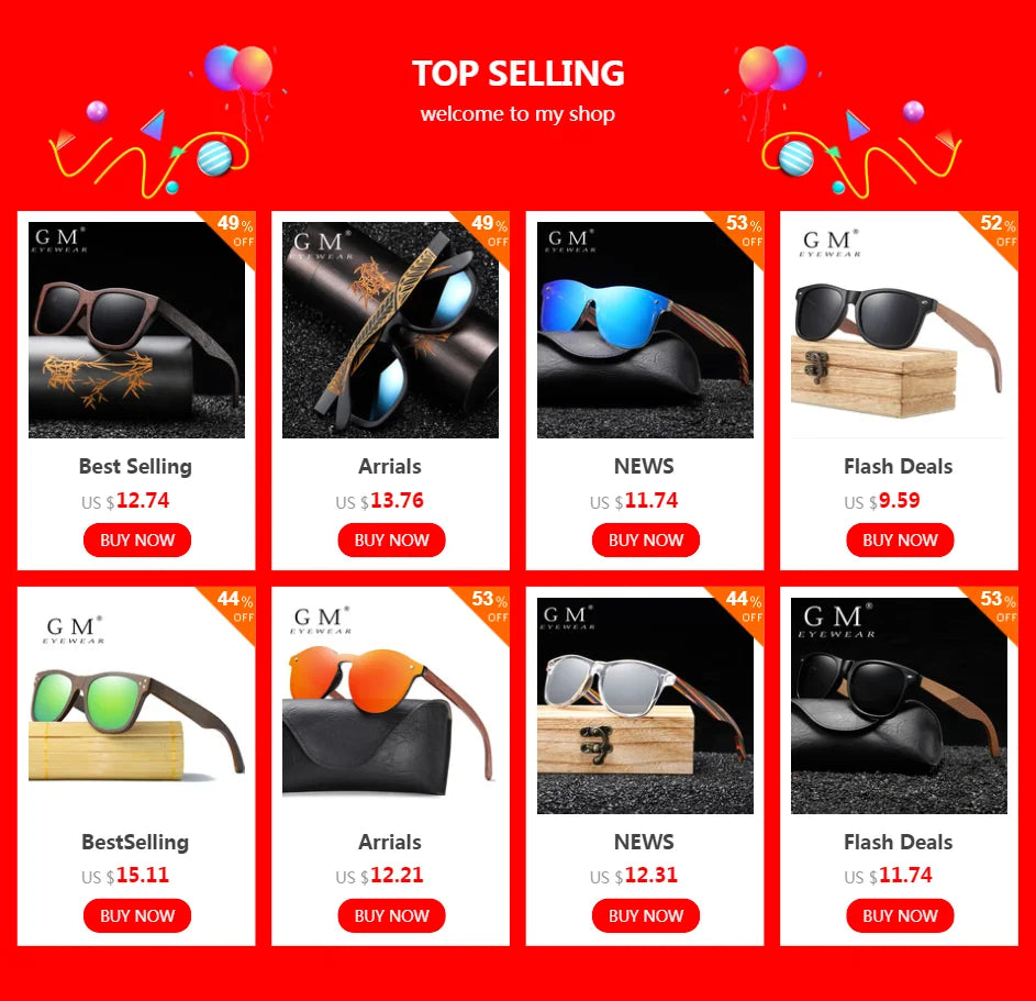 GM Retro Fashion Bamboo Wood Polarized Sunglasses Driving Square Style SunGlasses Male Goggle Cat.3 Women Men Brand Designer