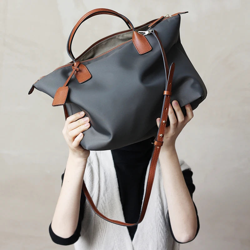Zipper Tote Bags For Women Nylon With Real Leather Handbag High Quality Single Shoulder Bag