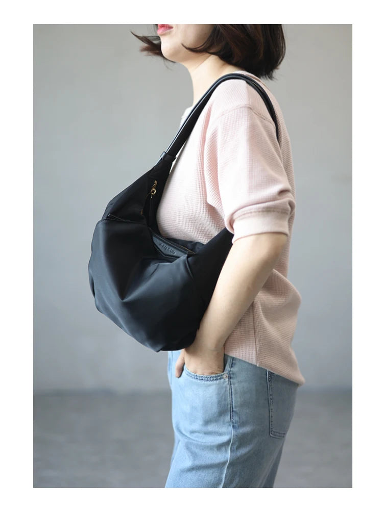 Lightweight Nylon Matching Genuine Leather Crossbody Bag High Quality Single Shoulder Bags Fashion Pleated Messenger Purses
