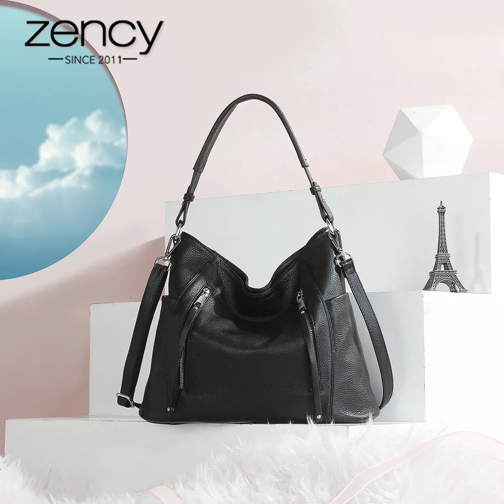 ZENCY New Handbag Luxury Genuine Leather Bag for Women Shoulder Tote Crossbody Double Zipper Pocket Charming Red Hobo Bag