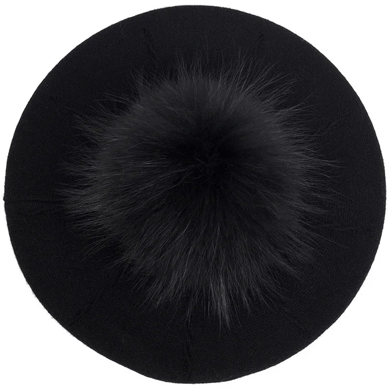 Women's Knit Beret with Oversized Pom Pom | Geebro
