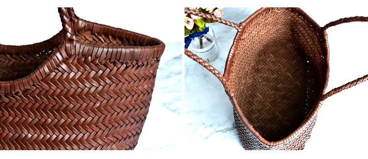 Hand Knitted Designer Genuine Leather Elegant Handle Female Totes Vintage Women's Handbag Cowskin Lady Large Shoulder Bag