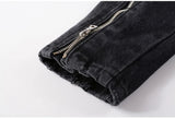 Men's Black Biker Slim Fit Denim Jacket with Belt - Streetwear Moto Style