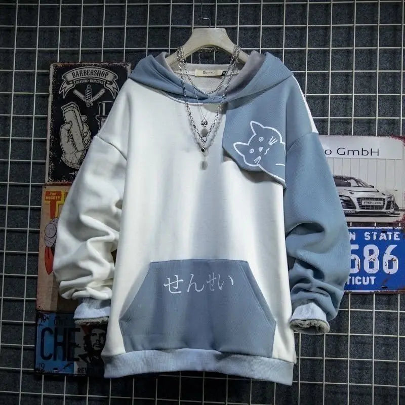 Japanese Style Cat Print Patchwork Hoodie