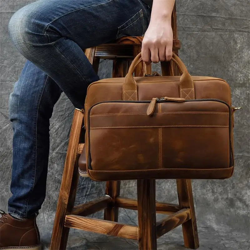 Men Briefcase Genuine Leather Laptop Bag 14 15.6" PC Doctor Lawyer Computer Bag Cowhide Male Briefcase Leather Men Business Bag