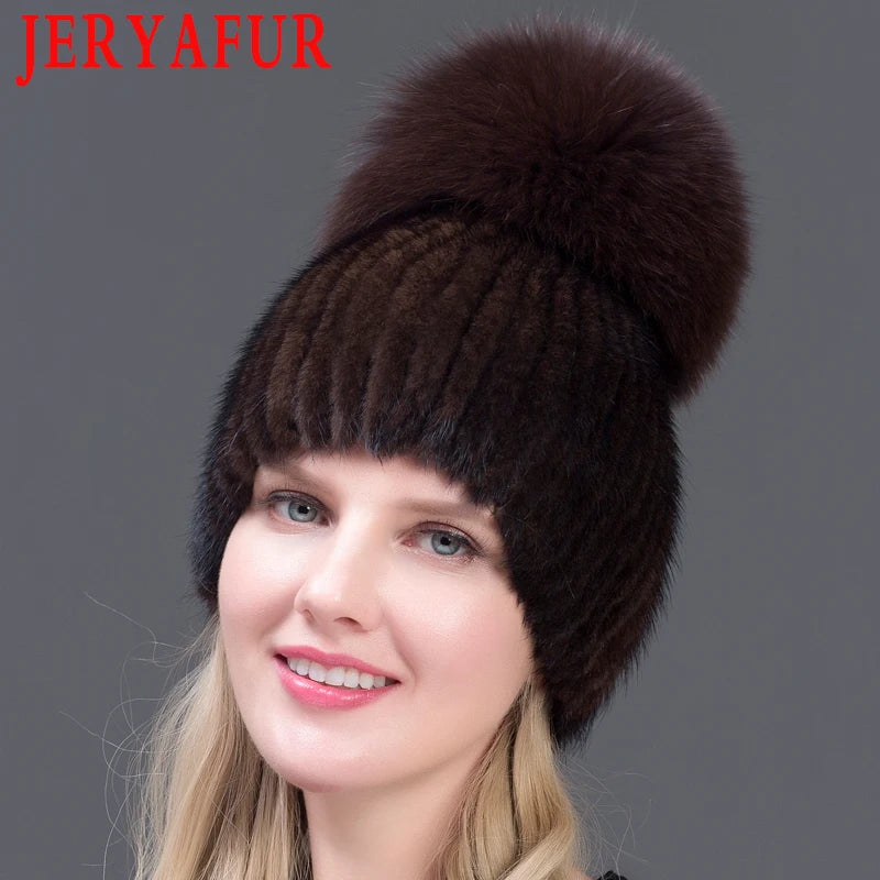 JERYAFUR Luxe Mink & Fox Fur Winter Hat for Women