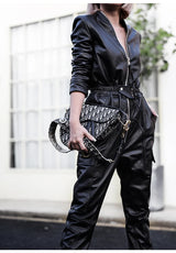 Black Faux Leather Cargo Jumpsuit - Luxury Long Sleeve Zip-Up Romper