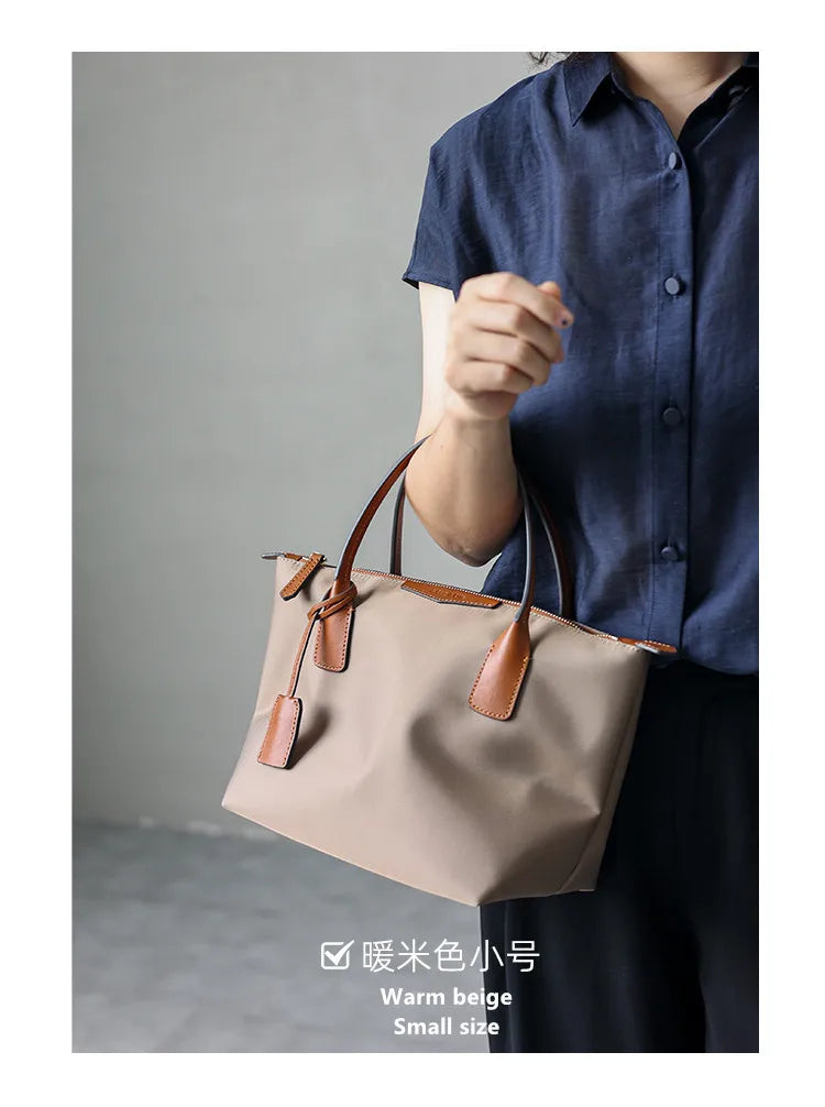 Zipper Tote Bags For Women Nylon With Real Leather Handbag High Quality Single Shoulder Bag