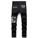 2026 Korean Fashion Red Plaid Patchwork Punk Rivet Men Slim Jeans Trousers Skull Letters Print Hip Hop Chain Denim Pants Spodnie