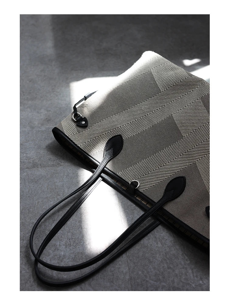 Women's Fashion Shoulder Bag Luxury Designer Handbag Large Capacity Canvas With Genuine Leather Tote For Shopping,Commuting,Work