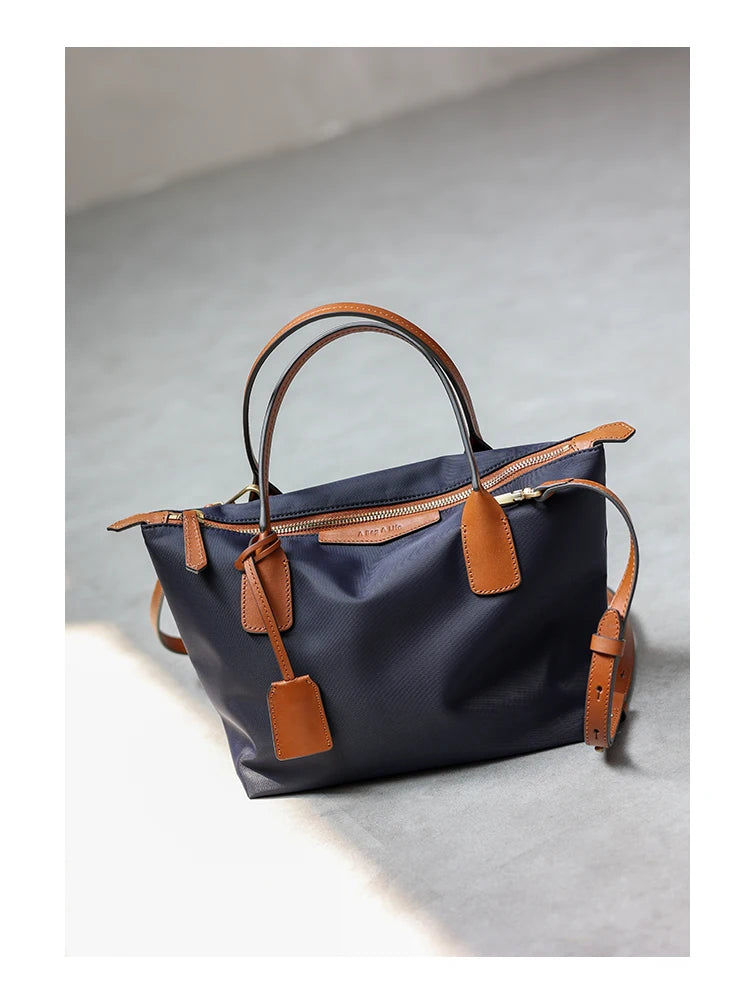 Zipper Tote Bags For Women Nylon With Real Leather Handbag High Quality Single Shoulder Bag