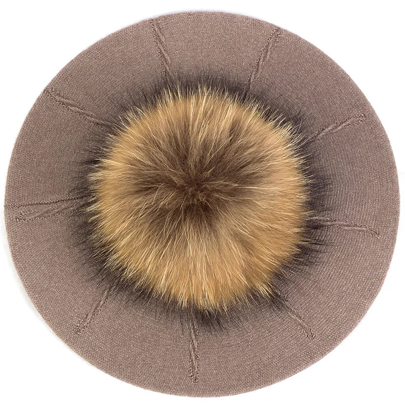 Women's Knit Beret with Oversized Pom Pom | Geebro