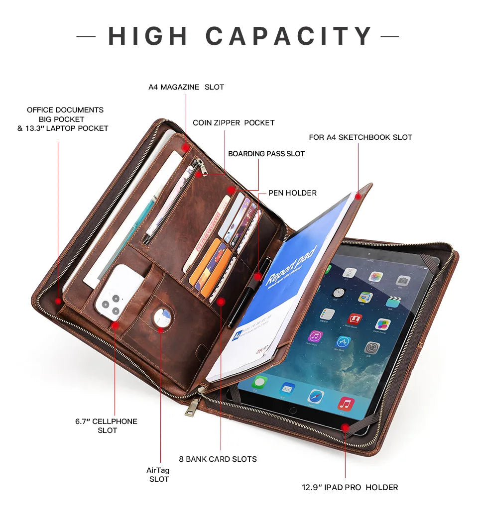 Macbook Pro Air 13 iPad Pro 13 12.9 Portfolio File Folder Cow Leather Cover Organizer Travel Business Office Document Briefcase