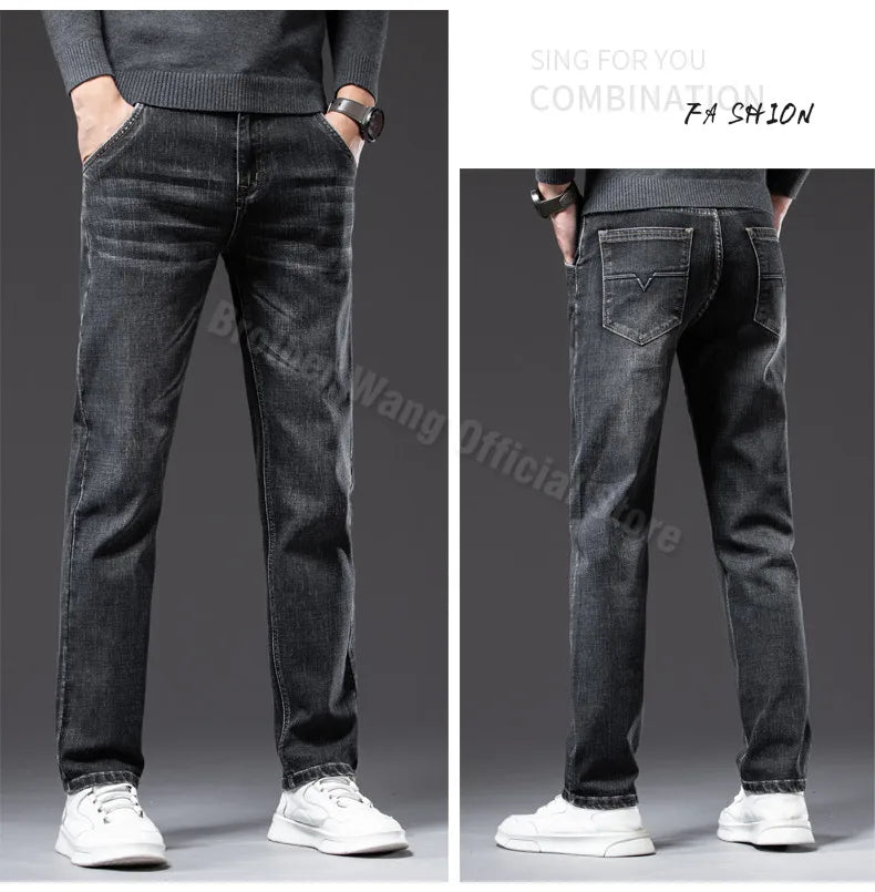 2025 Autumn New Men Regular Fit Stretch Jeans Classic Style Smoky Gray Fashion Casual Denim Pants Male Brand Trousers Blue
