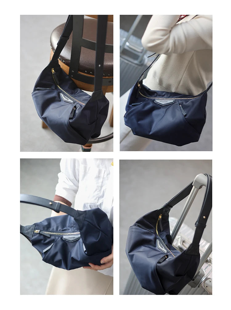 Lightweight Nylon Matching Genuine Leather Crossbody Bag High Quality Single Shoulder Bags Fashion Pleated Messenger Purses