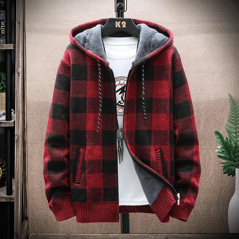 Men’s Winter Plaid Fleece-Lined Hooded Cardigan Jacket