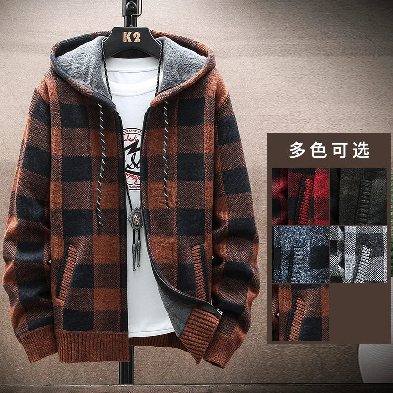 Men’s Winter Plaid Fleece-Lined Hooded Cardigan Jacket