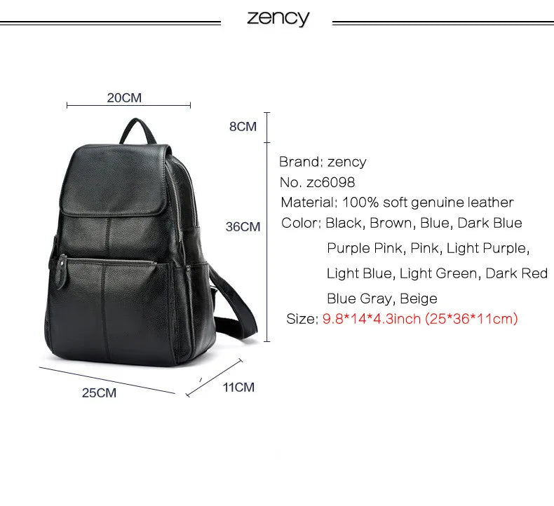 Zency Stylish White Black Genuine Leather Women Backpack A++ Quality Anti-theft Large Capacity Knapsack Travel Designer Rucksack