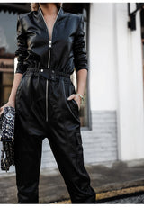 Black Faux Leather Cargo Jumpsuit - Luxury Long Sleeve Zip-Up Romper