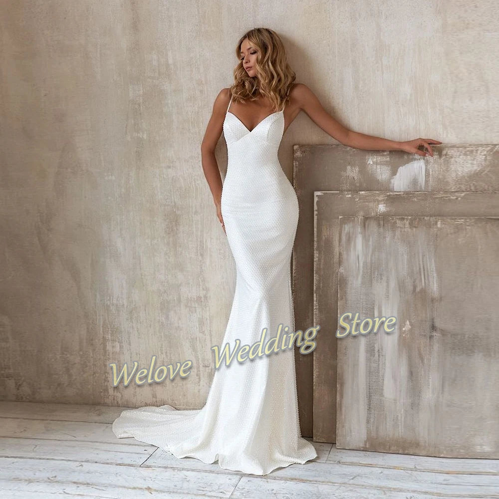 Sexy White Mermaid Wedding Dress For Woman V Neck Backless Simple Bridal Custom Gown Sweep Train Robe De Mariage New Arrival