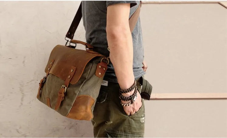 Vintage Leather + Canvas men briefcase Business bag Portfolio men office bag male canvas briefcase attache case document tote
