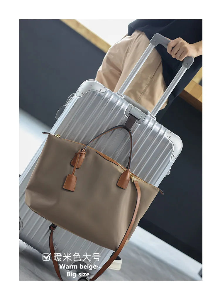 Zipper Tote Bags For Women Nylon With Real Leather Handbag High Quality Single Shoulder Bag