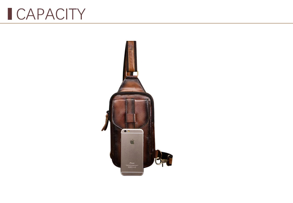 Hot Sell Men Genuine Bull Leather Vintage Coffee Triangle Chest Sling Bag Design Travel Daypack One Shoulder Crossbody Bag XB571