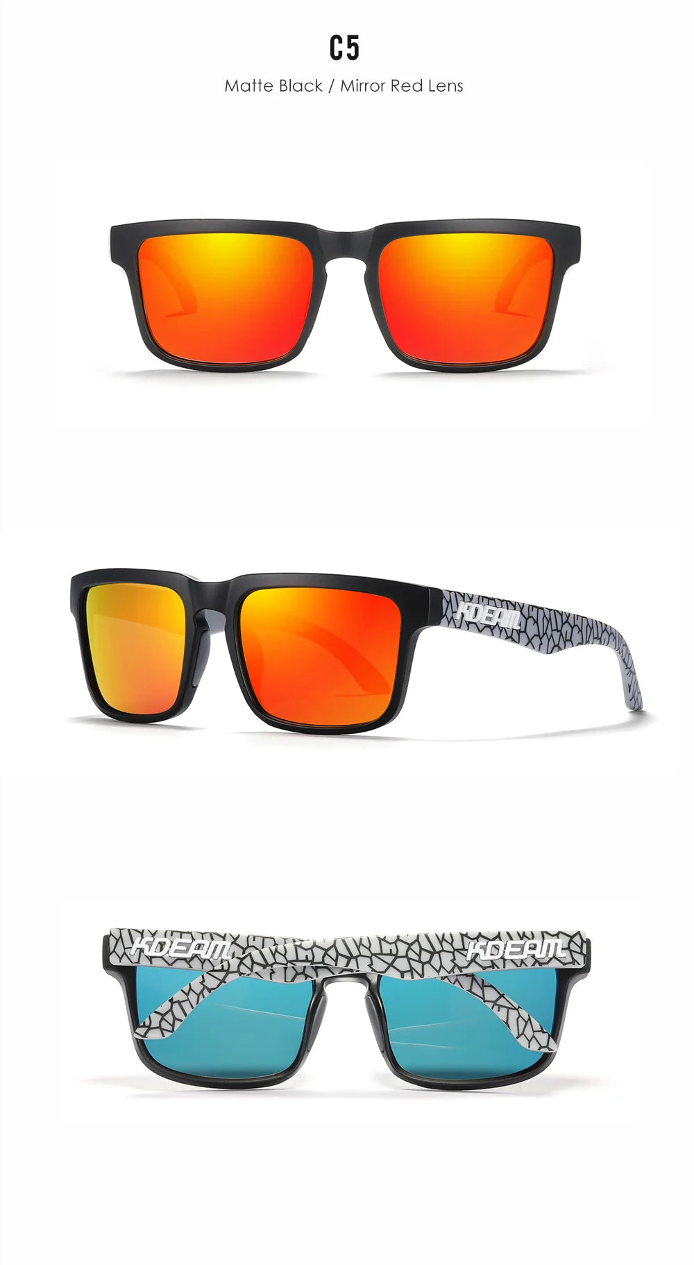 KDEAM Men's Polarized Sunglasses Fishing Lifestyles Mirrored Color Blocking Sun Glasses Women Legend Square Sunglass With Box