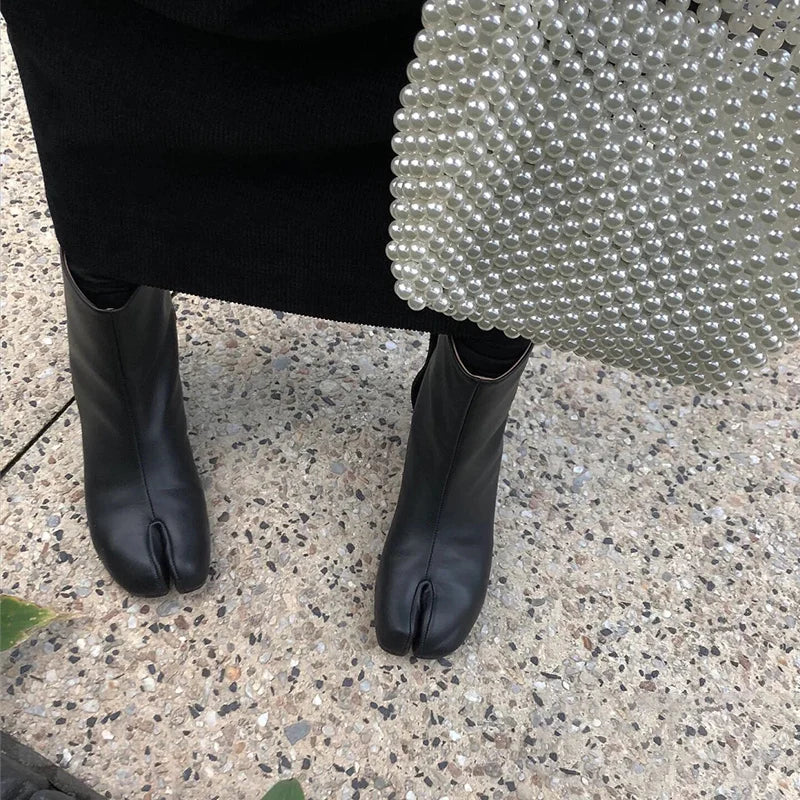 Luxury Leather Tabi Split Toe Ankle Boots - Women's High Heel