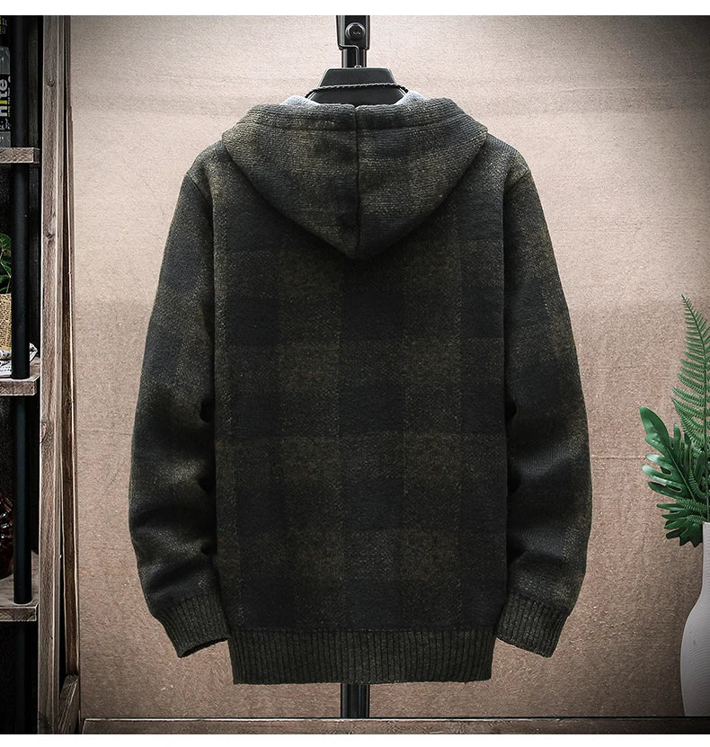 Men’s Winter Plaid Fleece-Lined Hooded Cardigan Jacket