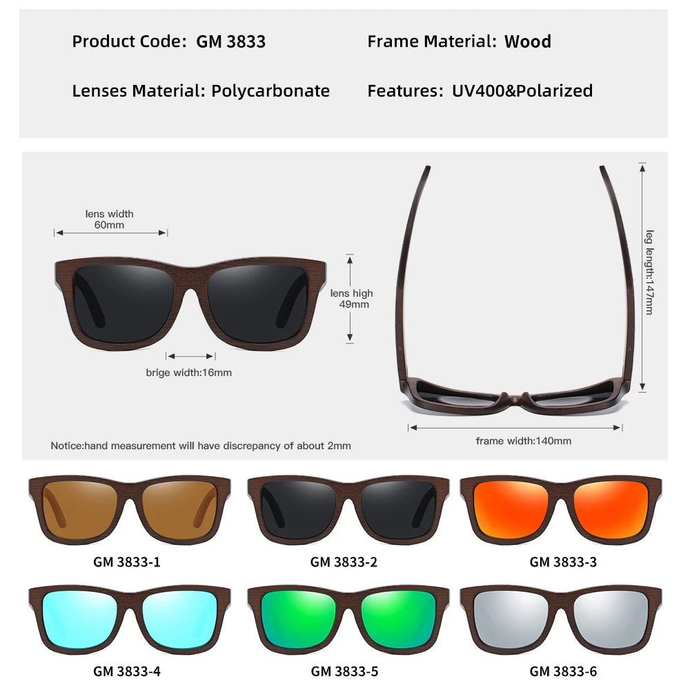 GM Retro Fashion Bamboo Wood Polarized Sunglasses Driving Square Style SunGlasses Male Goggle Cat.3 Women Men Brand Designer